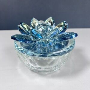 Crystal Lotus Flower Trinket Box Blue Clear Cut Glass Jewelry Dish